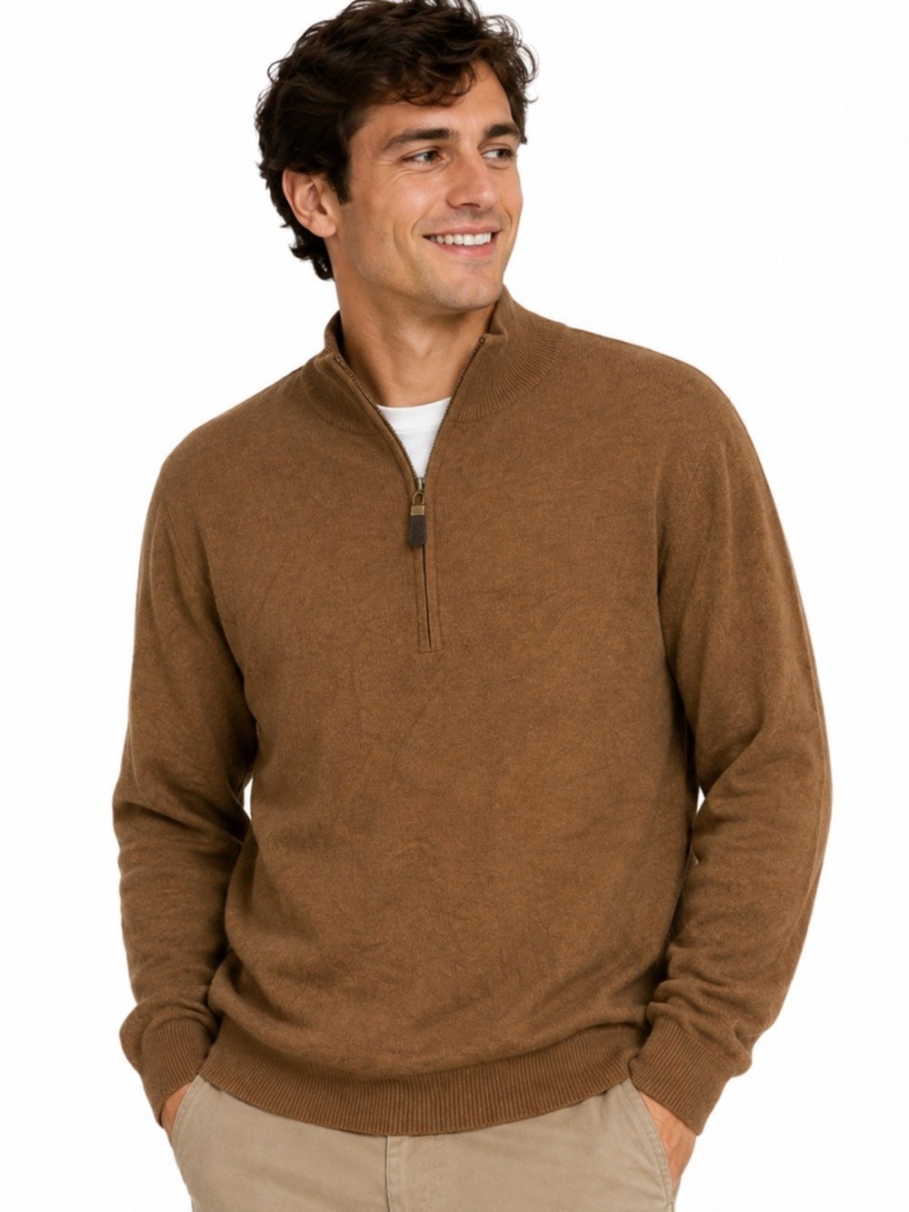 Orvis Mens Cashmere Blend Knit Sweater Size Medium Tan 1/4 Zip Pullover